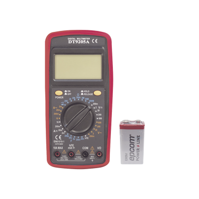 KIT Multímetro Digital DT9205A 600 Vcc /  Vca  CATII,  con Pantalla LCD. Incluye Batería ER-9V de 9V | DT9205AKIT