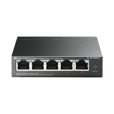 Switch PoE No Administrable de Escritorio / 5 puertos 10/100 Mbps / 4 puertos PoE af / Presupuesto 41 W / Modo extensor PoE hasta 250 metros / Calidad video prioritaria | TLSF1005LP