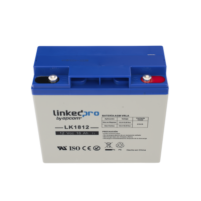 Batería 12 V / 18 Ah / UL / Tecnología AGM / Vida útil promedio de 5 años / Para uso en equipo electrónico, Alarmas de Intrusión / Incendio/ Control de acceso / Video Vigilancia / Terminales T1 | LK1812