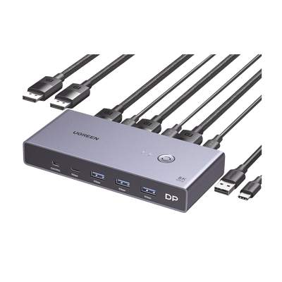 Conmutador KVM DisplayPort 8K | DP 1.4 | 2 Entradas 1 Salida | 4 Puertos USB 3.0 (3 USBA *1 USBC) | Soporta 8K@60Hz | HDR | Control de Escritorio | Carcasa de Aluminio | Indicador Led | Compatible Win, MacOs y Linux. | 25962