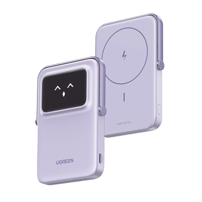 Power Bank Inalambrico | 5000mAh | 7.5W  |  Con Emojis de Estado | Carga Rápida USB-C Bidireccional  | Pantalla TFT  Inteligente | 13 niveles de Proteccion | Con Holder | Color Purple. | 35606
