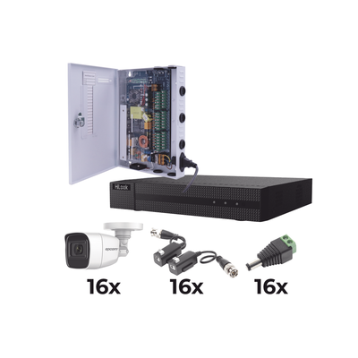KIT TurboHD 1080p / DVR 16 Canales / 16 Cámaras Bala Policarbonato con Microfono (exterior 2.8 mm) / Transceptores / Conectores / Fuente de Poder Profesional | KESTX8T16BGP/A