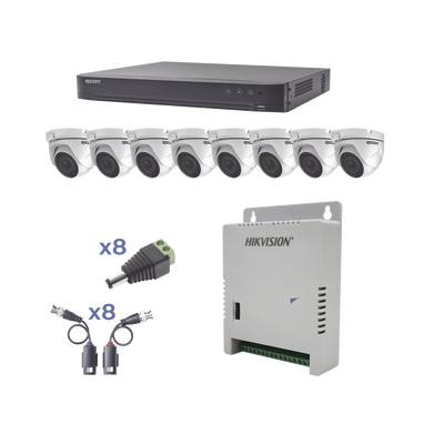 KIT TurboHD 1080p / DVR 8 Canales / 8 Cámaras Eyeball (exterior 2.8 mm) / Transceptores / Conectores / Fuente de Poder Profesional hasta 15 Vcc para Larga Distancia | KEVTX8T8EW