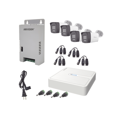 Kit HiLook Audio Bidireccional TurboHD 1080p / DVR 4 Canales / 4 Cámaras Bala (Exterior) con Bocina y Micrófono Integrado / 1 Fuente de Poder / Accesorios | HL-1080P-4B-TWA