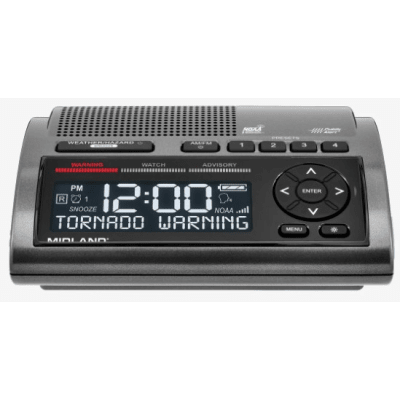 Radio de Alerta Meteorológica WR400 / 7 Canales NOAA y Environment Canada / Almacena 10 Alertas / Sirena de 85 dB / Reloj Dual con Alarma / Carga USB / Certificado Public Alert | WR400