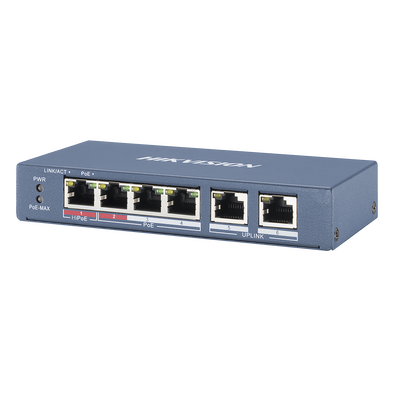 Switch PoE+ / No Administrable / 3 Puertos 10/100 Mbps 802.3 af/at (30 W) + 1 Puerto 10/100 Mbps Hi-PoE (60 W) / 2 Puertos 10/100 Mbps Uplink / Modo Extendido hasta 300 Metros / 60 W | DS-3E0106HP-E