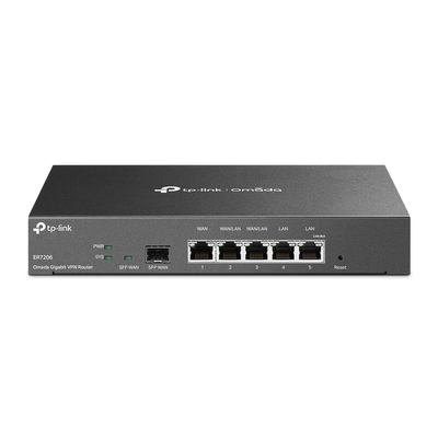 Router Omada VPN / SDN Multi-WAN Gigabit / 1 Puerto WAN SFP Gigabit / 1 Puerto WAN RJ45 Gigabit / 2 Puertos LAN RJ45 Gigabit / 2 Puertos Configurables LAN/WAN / 150,000 Sesiones Concurrentes / Administración Centralizada Omada o Stand-Alone | ER7206