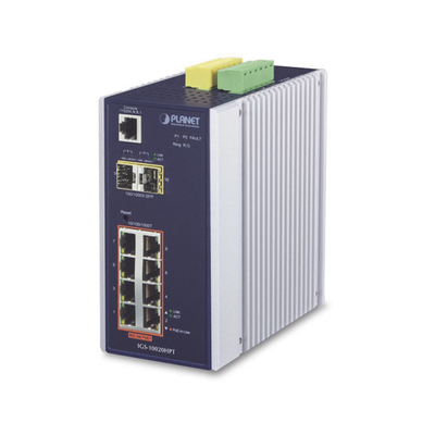 Switch Industrial Administrable Capa 2, 8 puertos PoE Gigabit 802.3af/at, 2 Puertos SFP de 1 / 2.5 Gigabit, Entrada de Voltaje Secundaria para Fuente Redundante | IGS-10020HPT