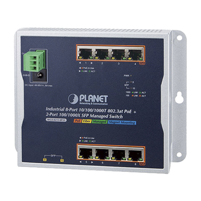 Switch Industrial PoE Administrable de Pared Capa 2, 8 Puertos Gigabit PoE 802.3at y 2 Puertos 100/1000X SFP | WGS-4215-8P2S