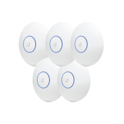 Paquete de 5 Access Point UniFi de largo alcance, Doble banda 802.11ac MIMO2X2 para interior, PoE 802.3af, soporta 250 clientes, hasta 867 Mbps, Los equipos no incluyen poe se sugiere comprar aparte el  modelo POE-24-12W-G | UAP-AC-LR-5