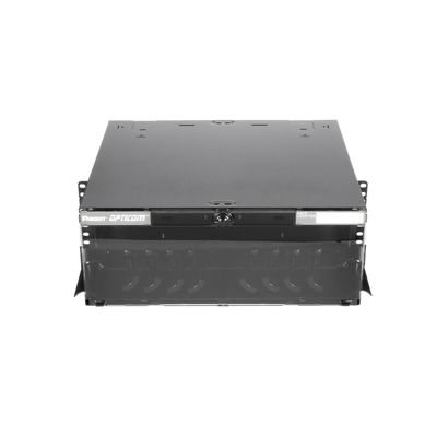 Panel de Distribución de Fibra Óptica, Acepta 12 Placas FAP o FMP, Bandeja Deslizable e Inclinable Hacia Abajo, Hasta 288 Fibras, Color Negro, 4UR | FCE4U